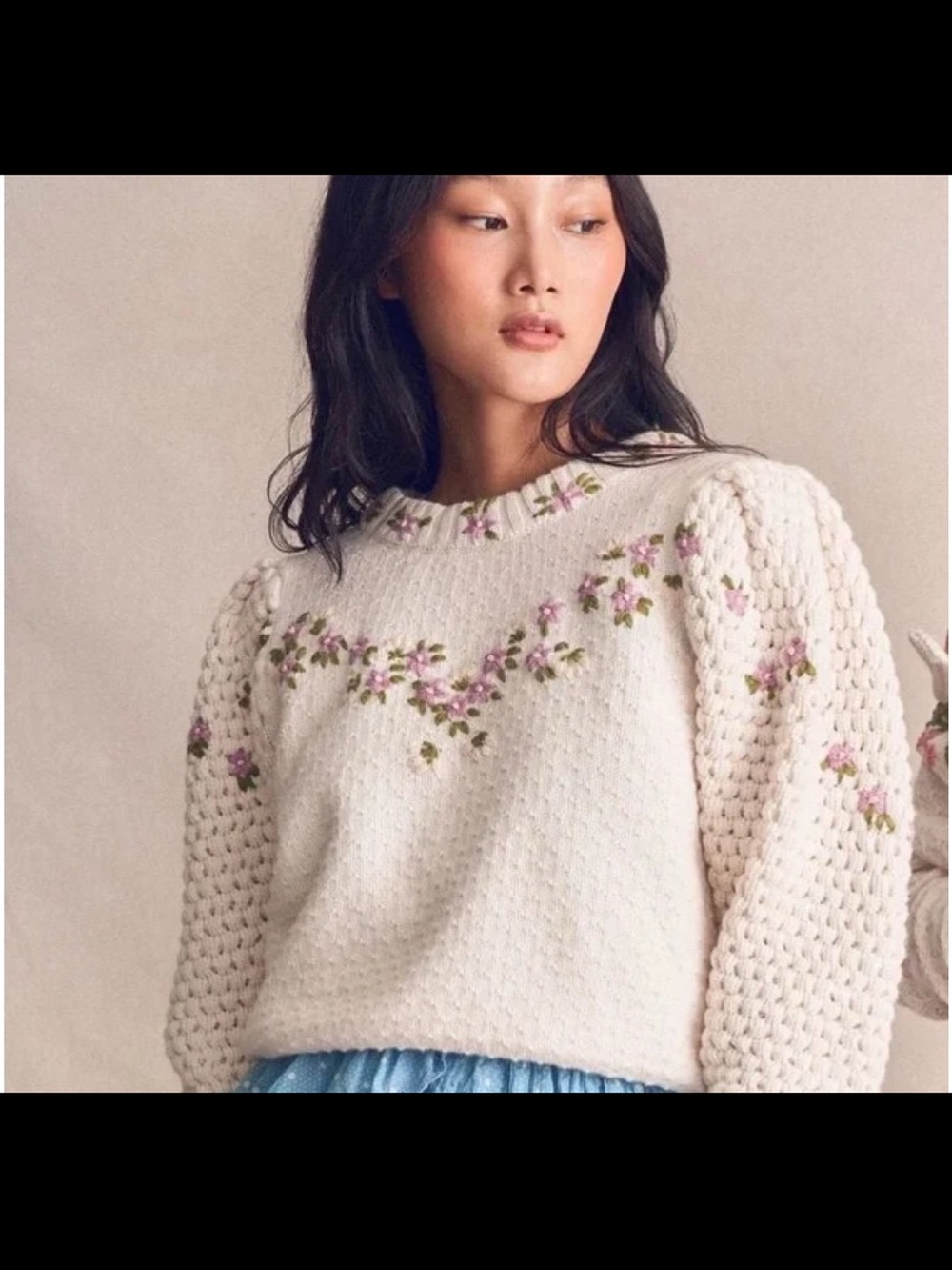 LoveShackFancy Floral Embroidered Cream Knit Sweater